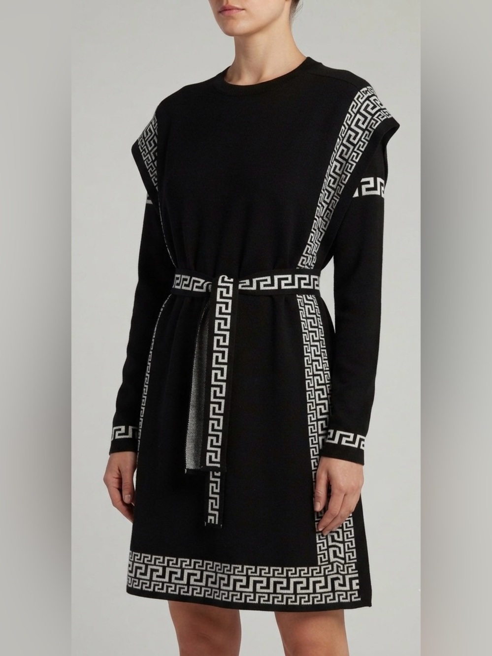 EUC Two-Piece Black & White Greek Key Pattern Layered Poncho Sweater Set